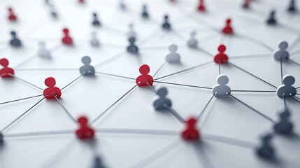 Conceptual network of connected individuals represented by red and gray human figurines. Symbolizing teamwork, communication, and social connections.