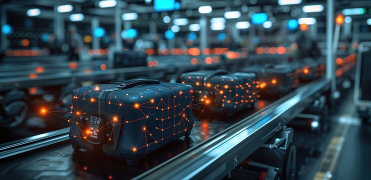 Modern suitcase on conveyor belt illuminated with digital network connections on a futuristic airport background. Concepts of travel, technology integration, and advanced logistics.