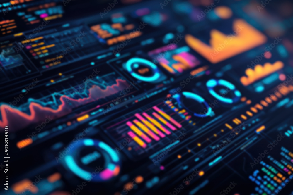 Poster futuristic data visualization interface with colorful charts and graphs, showcasing advanced analyti