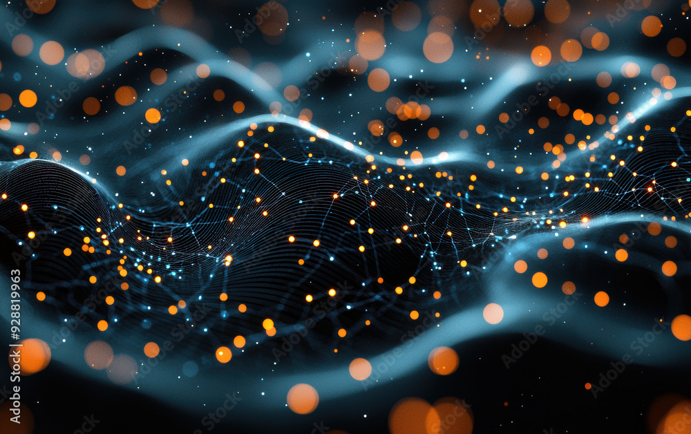 Poster abstract image showcasing a dynamic flow of connected nodes and glowing points, representing technol