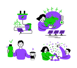 Cartoon Color Eco Friendly Lifestyle Zero Waste Concept Scenes Set. Vector illustration of Protecting Environment Choosing Natural Organic Sustainable Materials