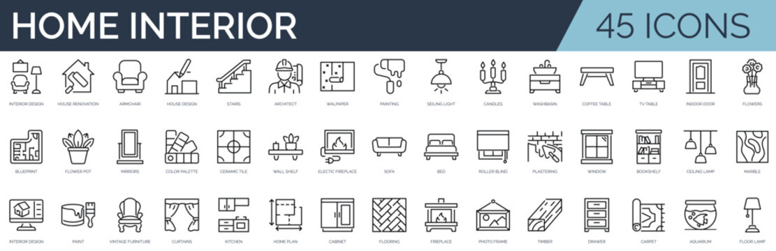 Set of 45 outline icons related to home interior. Linear icon collection. Editable stroke. Vector illustration
