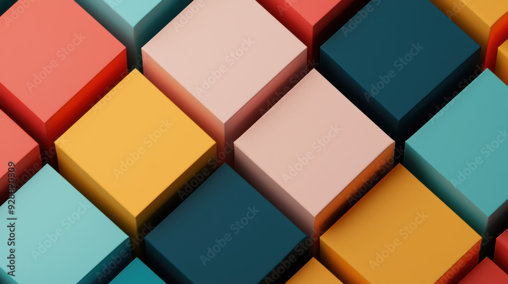 Poster vibrant geometric pattern of multicolored cubes, creating a lively and modern abstract background id