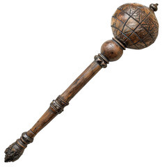 A beautifully crafted wooden mace with intricate detailing, isolated on white background, transparent background