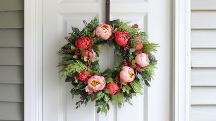 Naklejka premium Beautiful floral wreath with peonies and greenery, perfect for home decoration and welcoming guests.