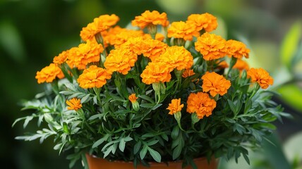 Bright orange marigold flowers bloom vibrantly in a lush green garden setting, enhancing nature's beauty.