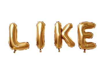 Word Like of Gold foil balloons forming on plain white Transparent background OPEN and Invitation Concept