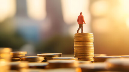 Financial freedom and growth of investment returns, person walking on stack of coin