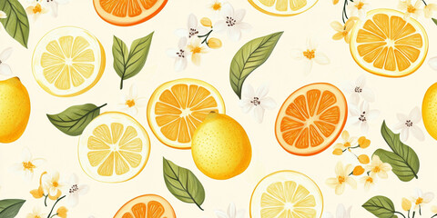 Vibrant Seamless Pattern Featuring Fresh Slices of Lemons and Oranges with Delicate Blossoms and Green Leaves on a Soft Cream Background for Summer-Inspired Textile Designs and Decor