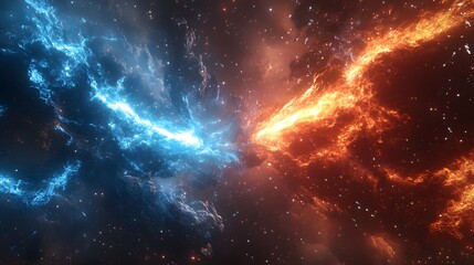 Fototapeta premium Epic cosmic battle, fire and ice collision, blue lightning vs red flames, energy beams clashing, space background, star field, explosive particle effects.