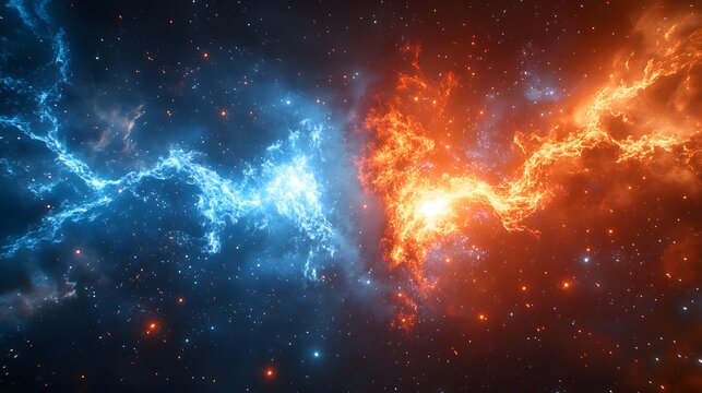 Epic cosmic battle, fire and ice collision, blue lightning vs red flames, energy beams clashing, space background, star field, explosive particle effects.