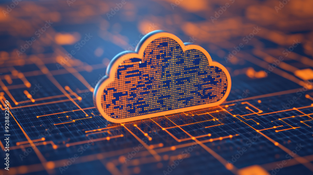 Poster digital cloud symbolizing cloud computing and data storage, over a circuit board background, represe