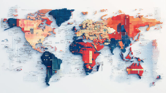Pixel map of the world, supplemented with interactive 3D infographic elements, concept of the world in graphics