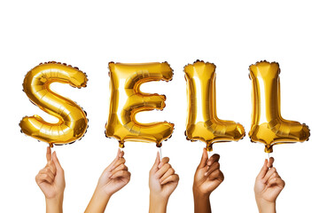 Word SELL of Gold and Silver foil balloons forming on plain white Transparent background OPEN and Invitation Concept