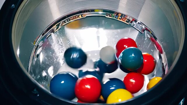 Lottery draw machine in motion with colorful numbered balls bouncing inside a clear drum, illustrating the dynamic and thrilling process of a lottery event.
