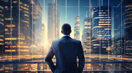 Fototapeta premium A businessman standing in front of a window overlooking a city skyline.