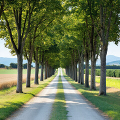 Rural road lined with trees, extending into the distance, surrounded by green fields and dappled sunlight. The scene is peaceful and serene.