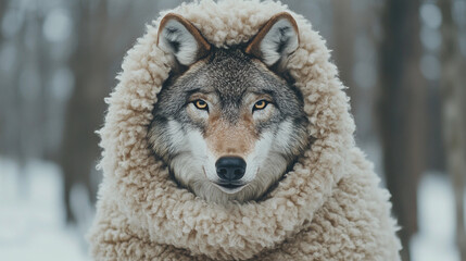 Naklejka premium A wolf wears sheep's clothing against a cold snowy background
