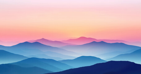 Obraz premium Abstract mountain landscape in gradient blue and pink tones, with a warm sunrise sky. The layered mountains create a tranquil and peaceful atmosphere.