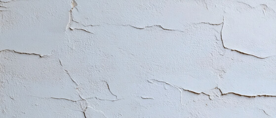 Fototapeta premium Close-up of a cracked white plaster wall, highlighting its textured surface and natural aging. The image conveys a rustic and weathered look.