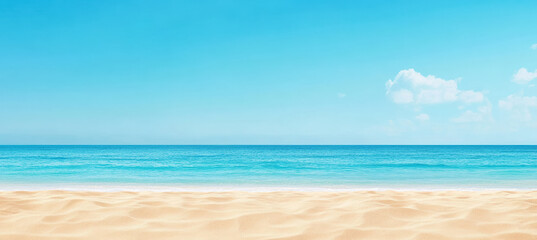 Obraz premium Tropical beach with golden sand, turquoise water, and a bright blue sky. The scene is peaceful and captures the essence of a perfect seaside day.