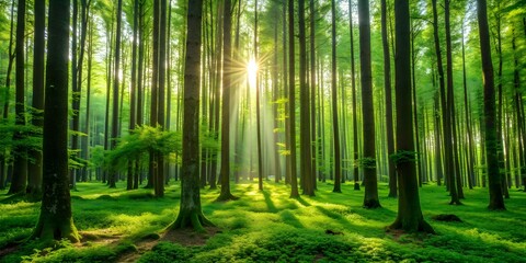 Fototapeta premium Vibrant green forest with tall trees, lush, colorful, nature, landscape, foliage, environment, growth, tranquil, peaceful