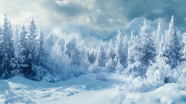 Snow covered pine trees and mountain range in a winter wonderland.