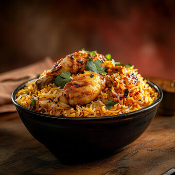 А bowl of biryani with chicken on a restaurant wooden table