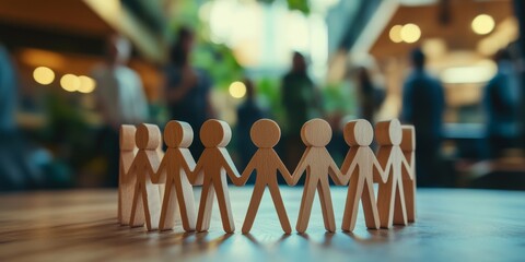 Wooden human figures standing together in a close circle symbolize the essence of teamwork, unity, and a strong sense of community spirit that thrives among all individuals who are involved