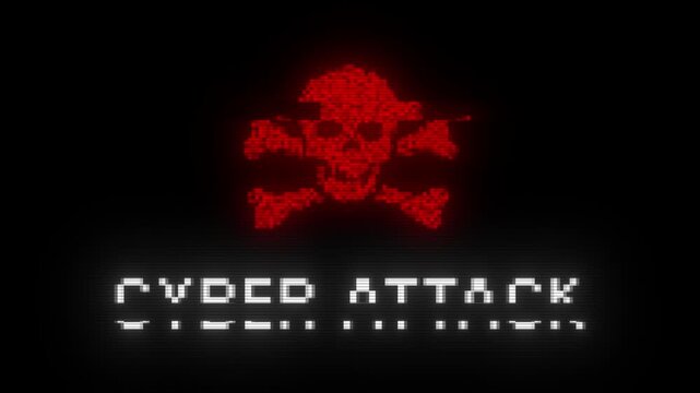 CYBER ATTACK glitch notification with skull icon. Looped cybercrime concept hacking animation. CYBER ATTACK message with glitch effect. Security breach with skull icon. Hacking attack.