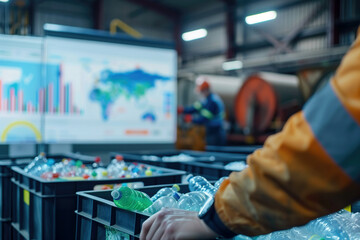 Fototapeta premium Worker sorting plastic bottles in recycling plant with charts and graphs in background. Concepts of recycling, waste management, and environmental sustainability.
