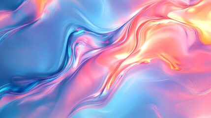 Obraz premium Vibrant holographic fluid texture, bright iridescent colors, flowing liquid abstract, pastel pink blue and orange swirls, luminous marbled effect, smooth glossy surface.