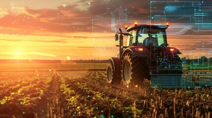Smart Agriculture: Tractor in Field with Digital Overlay