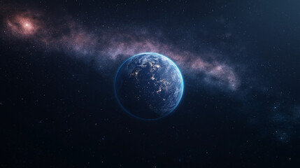 Obraz premium A crystal-clear Earth floating in space, with the colorful auroras of a distant planet in the background, highlighting interstellar exploration and unity,