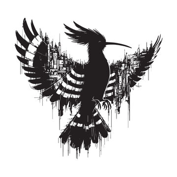 recommend clip art: silhouette of Hoopoe filled with destroyed futuristic dystopia environment in rough drawing