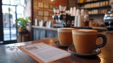 Two coffee cups topped with froth sit on a rustic wooden table, next to a menu in a cozy cafe during the day.