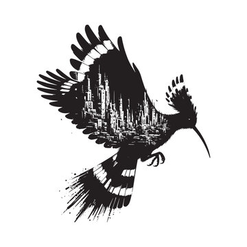 recommend clip art: silhouette of Hoopoe filled with destroyed futuristic dystopia environment in rough drawing