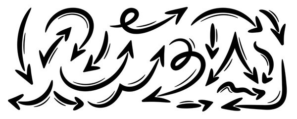 Hand drawn marker arrows set, isolated background. Doodle sketch vector illustration. Freehand various curved lines, swirls arrows, scribbles and scrawls, direction pointers. Graphic design elements