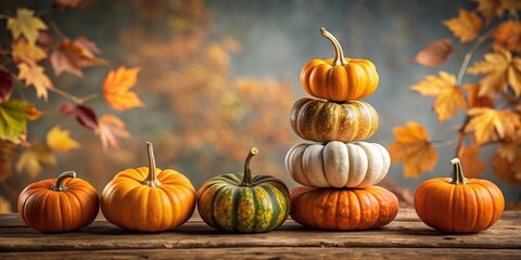 Naklejka premium Autumn background with pumpkins for Halloween or Thanksgiving. The harvest of pumpkins is stacked in a tower on a wooden table against the background of autumn leaves.