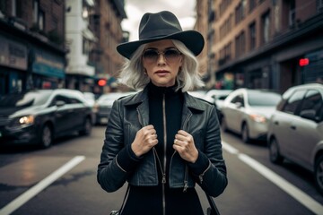 
Portrait of a woman in a leather jacket and hat on the street