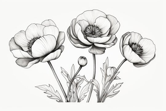 Ranunculus Tattoo Design with Black Outline
