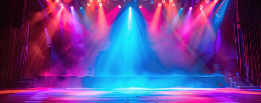 Vibrant stage illuminated with multicolored lights emitting purple, blue, red, and pink hues. Concepts of entertainment, live performance, and theatrical lighting effects.