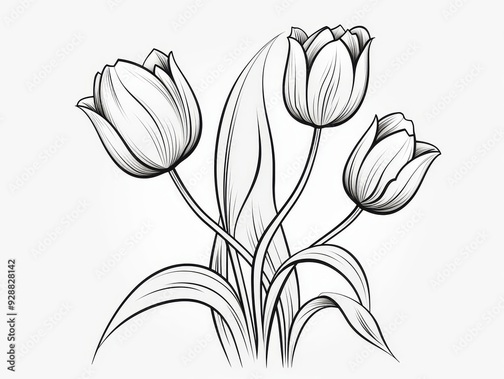 Wall mural black line tulip tattoo illustration