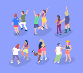 Cartoon Color Different Couples on Music Festival or Open-air Concert Set Performance Concept Flat Design Style. Vector illustration