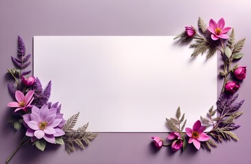 A blank white card is surrounded by violet and pink flowers, complemented by green leaves on a pastel purple background. For invitations or greetings and design 