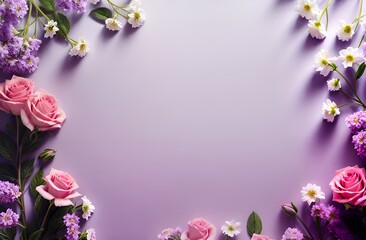 A beautiful floral arrangement with pink roses, purple flowers, and white daisies set against a soft lavender background. The flowers frame the image, leaving a blank space in the center for text