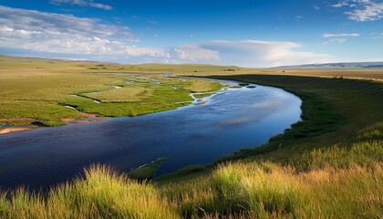 a river flowing through a grassy plain