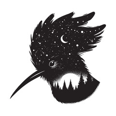 silhouette of Hoopoe filled with nature night view in rough drawing