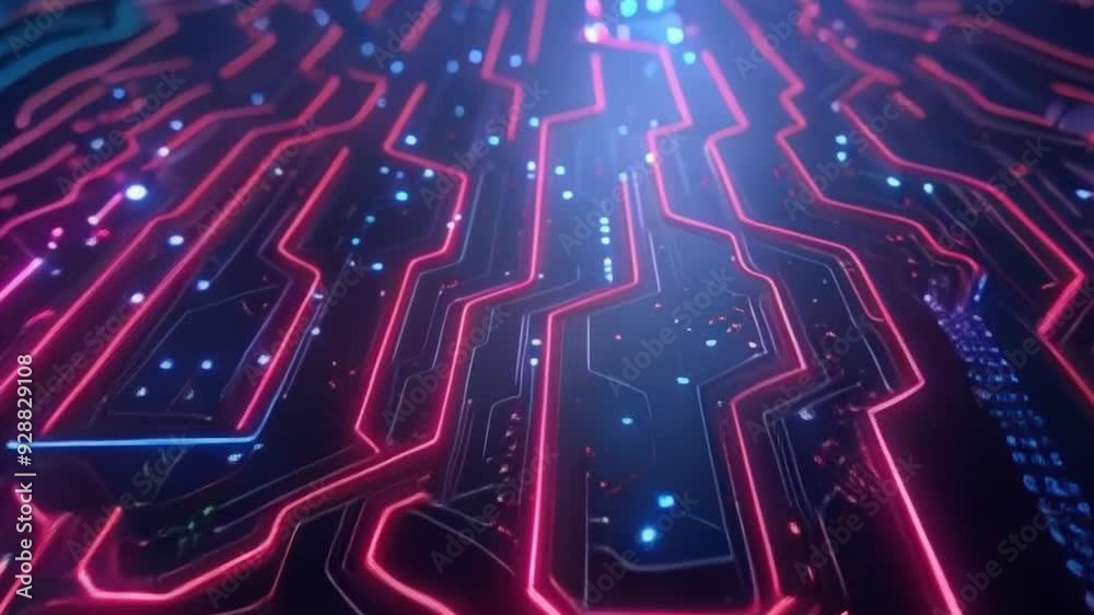 Poster futuristic circuit board technology background with red blue neon lights smooth zoom out animation v