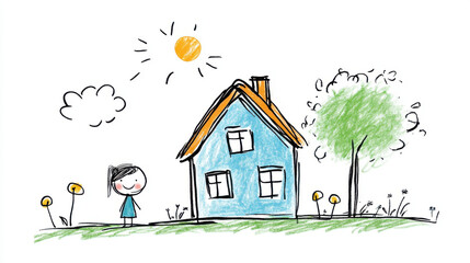 Simple crayon drawing of a house, sun, and a girl standing outside. Ideal for depicting childhood or innocence.